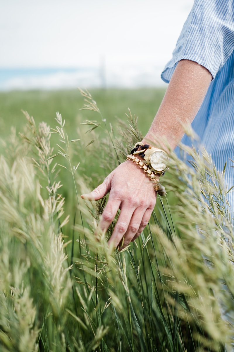 person wearing gold-colored analog watch with link bracelet